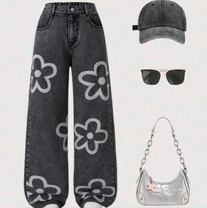 Trendy Black Jeans with Floral Design